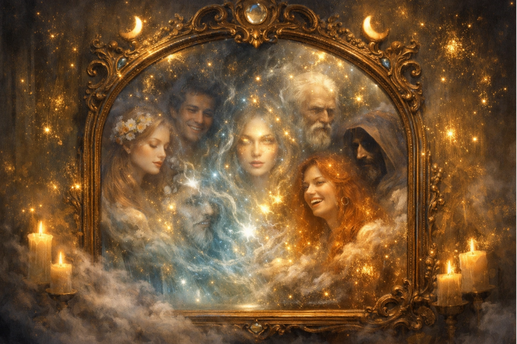 spelho místico refletindo múltiplas faces e energias, simbolizando a influência do círculo social na identidade pessoal.