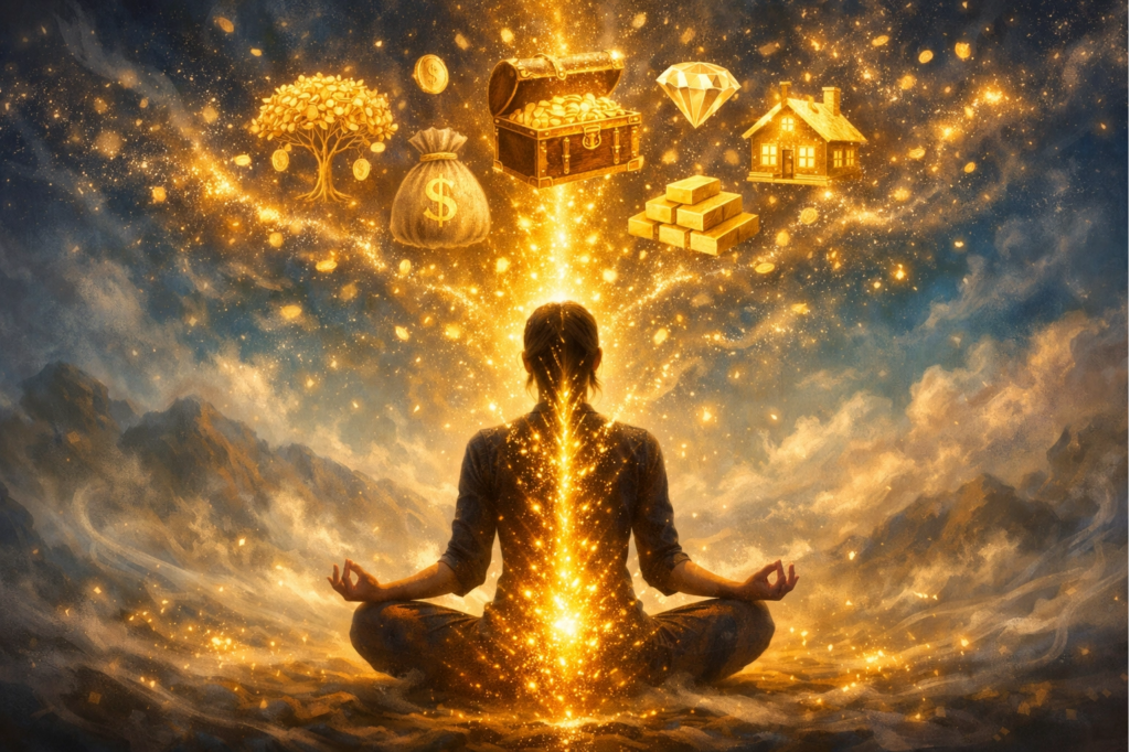 Representação mística de luz dourada e energia etérea simbolizando como usar a energia sexual para atrair dinheiro e abundância.